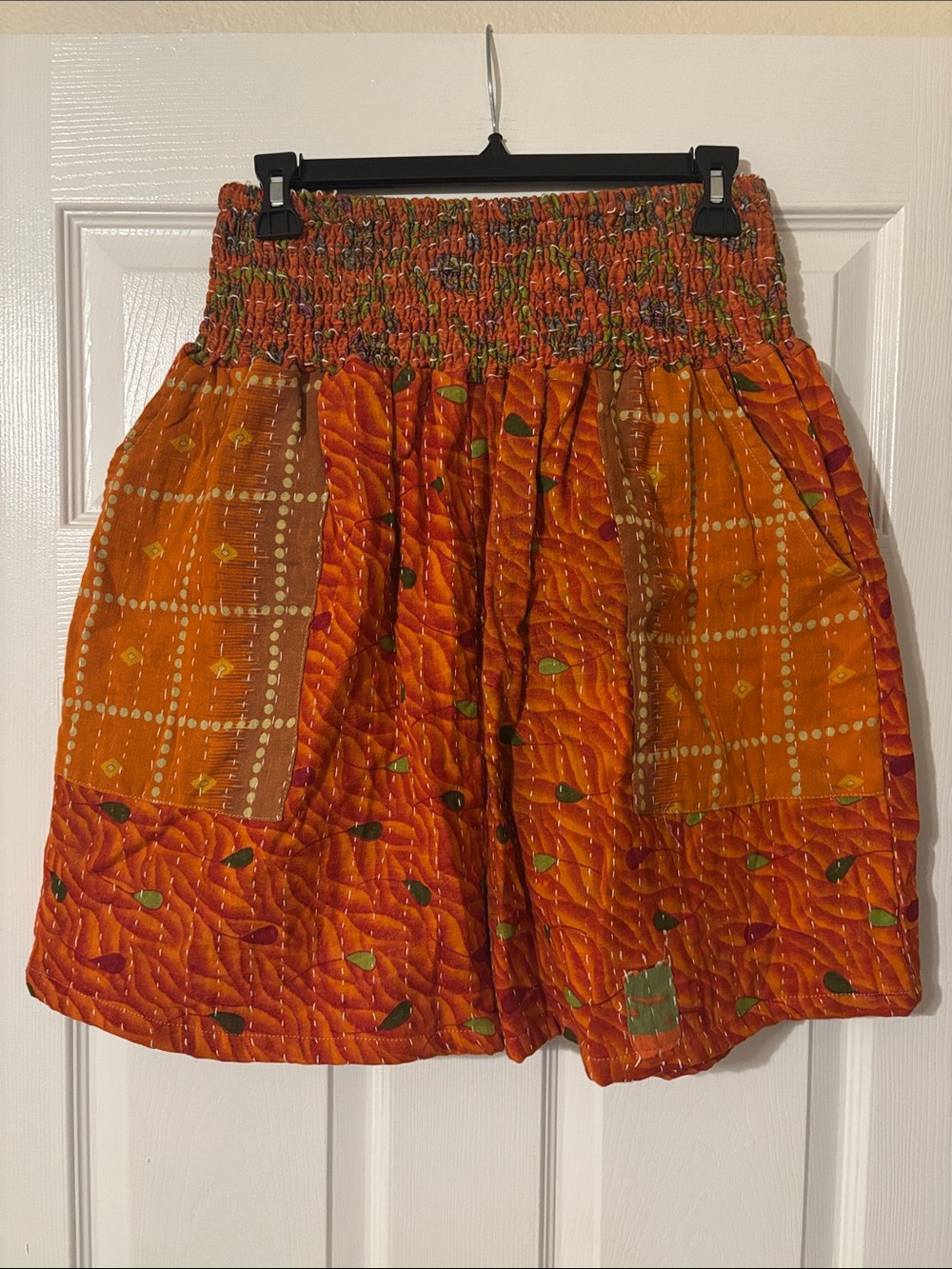 Kantha Shorts Boho Quilted Orange Patchwork One Size